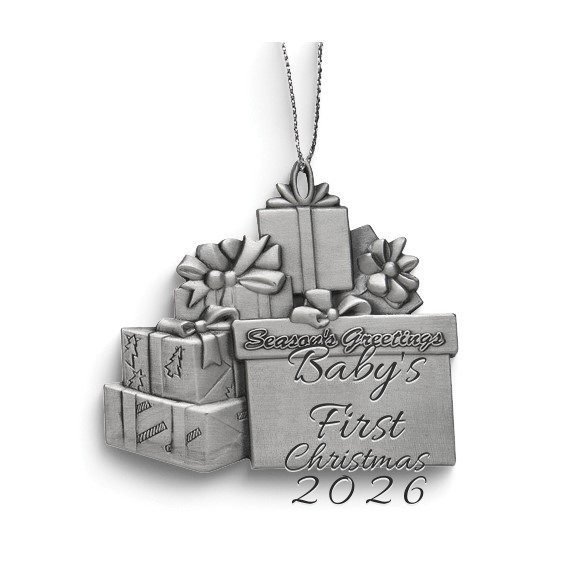 Pewter Gift Packages Engravable Ornament 4 Pewter Gift Packages Engravable Ornament engraved with Baby's First Christmas 2026 in script — engraving sample
