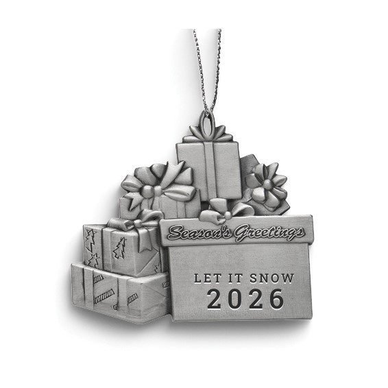 Pewter Gift Packages Engravable Ornament 7 Pewter Gift Packages Engravable Ornament engraved with Let It Snow 2026 — engraving sample