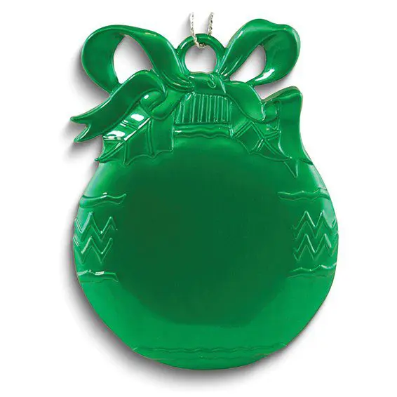 Green pewter Christmas bulb ornament with round front engraving panel