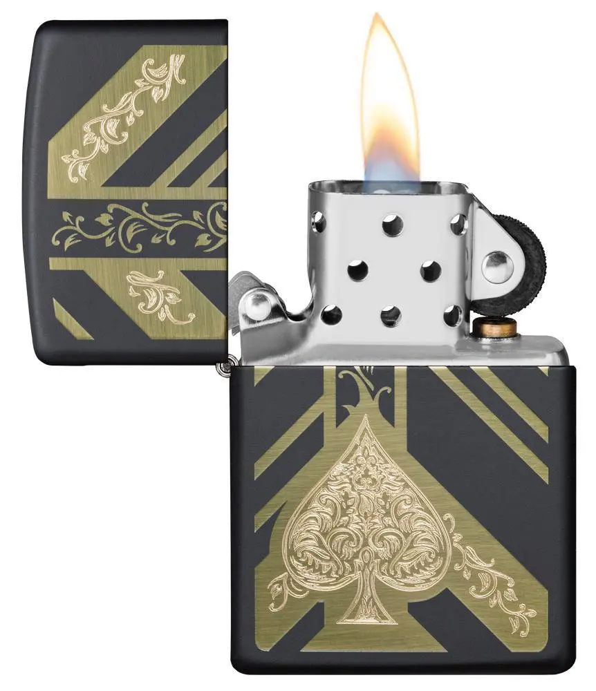 Zippo Black Matte Ace of Spades Lighter Lit up
