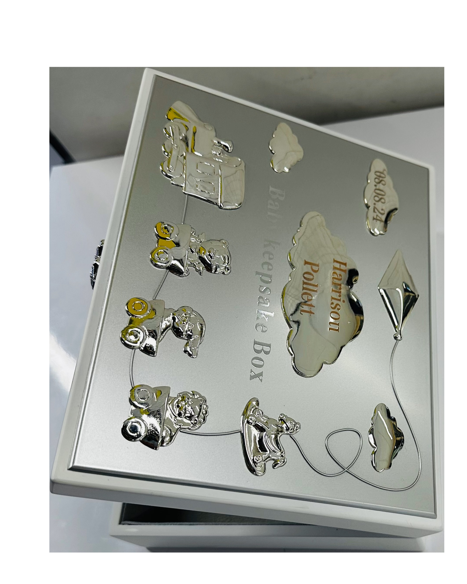 White & Silver Baby Keepsake Box with Train Rocking Horse 1 White & Silver Baby Keepsake Box with Train Rocking Horse