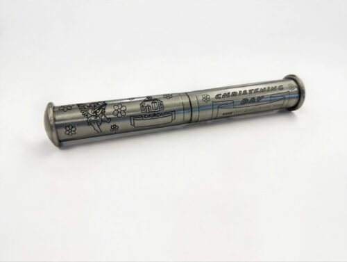 Pewter christening certificate holder tube, full view