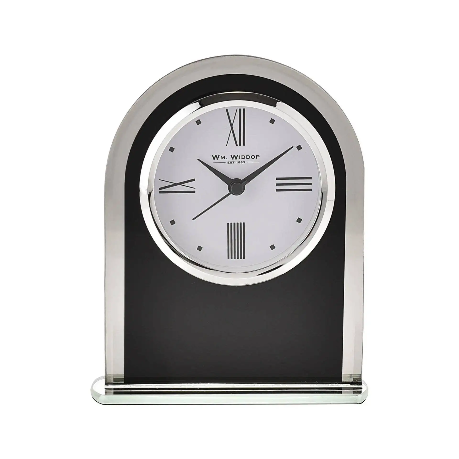 Engraved Wm.Widdop Black & Clear Arched Mantel Clock