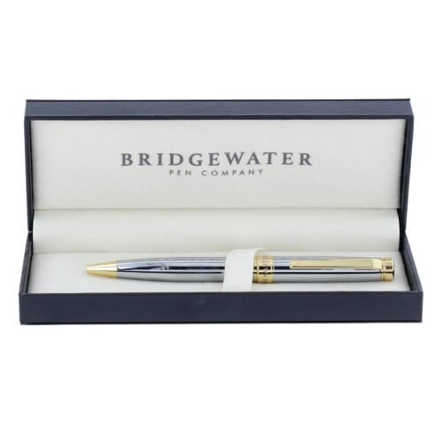 Custom engraved chrome and gold ballpoint pen with name — Bridgewater Galway, corporate gift Canada