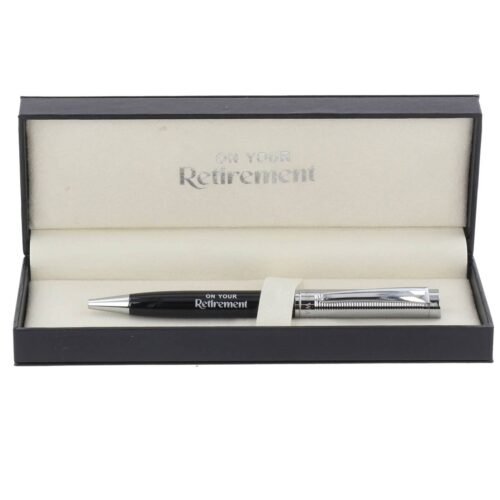 Engraved black retirement pen with chrome trim — Bridgewater, personalized retirement gift Canada