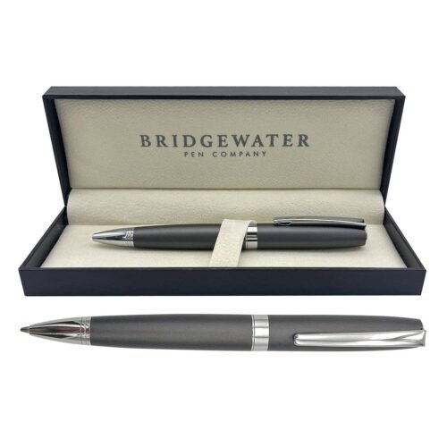 Personalized grey ballpoint pen with chrome trim — Bridgewater Hereford, engraved corporate gift Canada