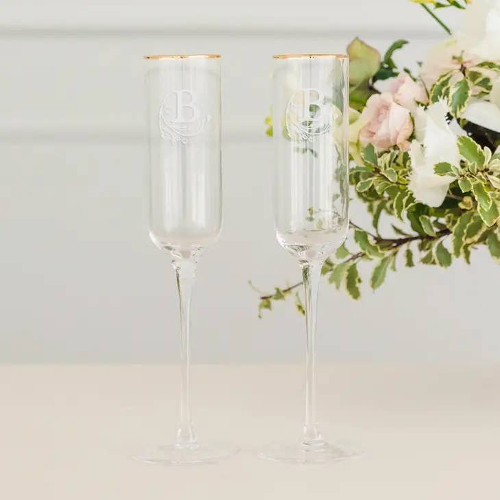 Gold Rimmed Champagne Flutes - Modern Fairy Tale Initial 2 Gold Rimmed Champagne Flutes - Modern Fairy Tale Initial - Image 2