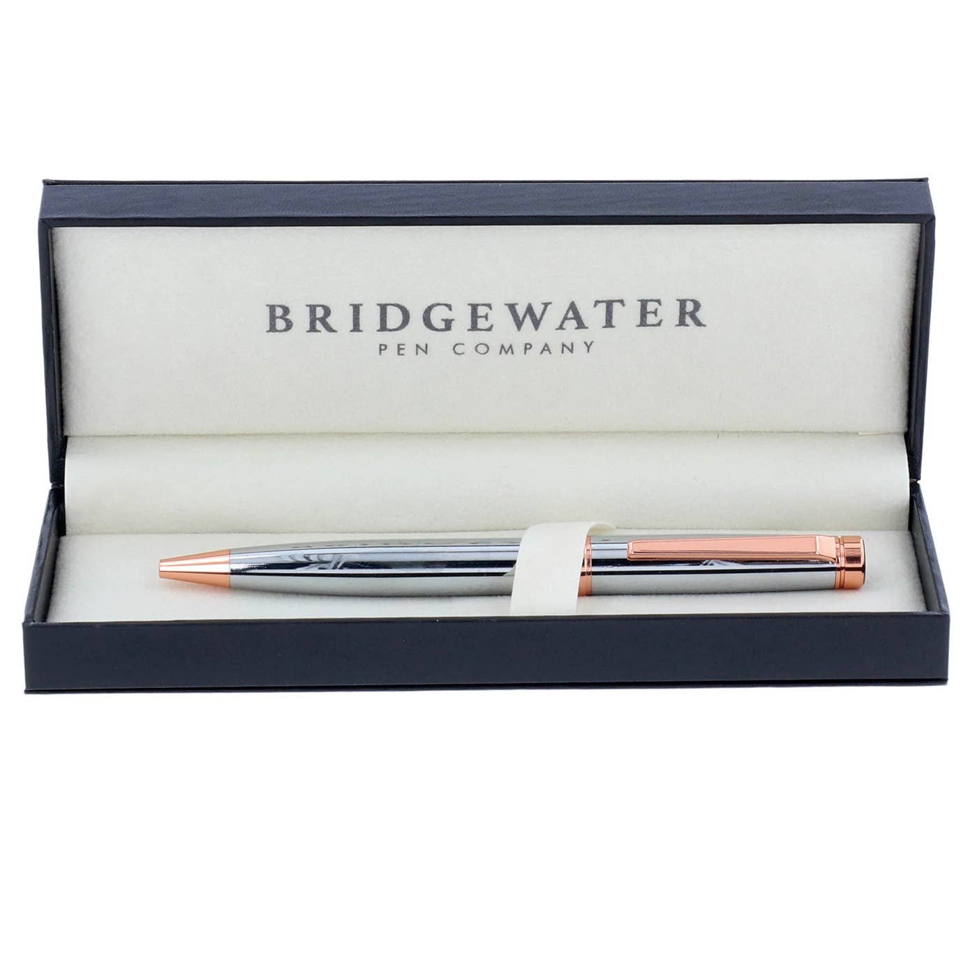 Bridgewater Galway Chrome & Rose Gold Ball Pen 1 Engraved chrome ballpoint pen with rose gold trim — Bridgewater Galway, pen gift for her Canada