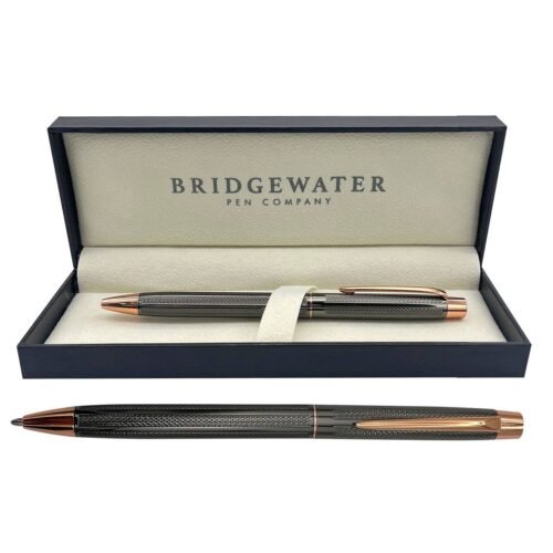 Engraved gunmetal ballpoint pen with rose gold trim — Bridgewater Lincoln, personalized gift Canada
