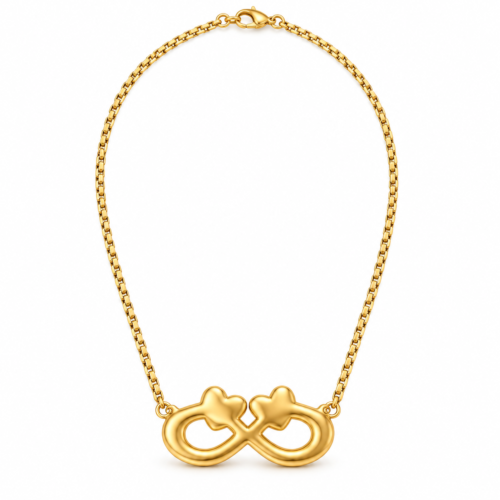 Personalized gold infinity heart anniversary necklace on a white background